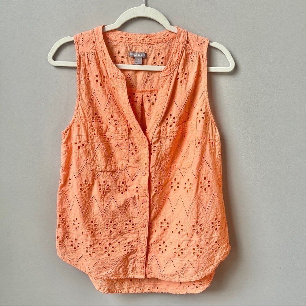 Falls Creek Top Women's Small Peachy Orange Eyelet 100% Cotton Cottage Coastal